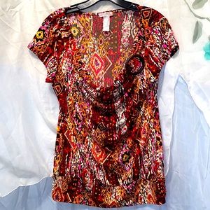 SIX DEGREES SHORT SLEEVE DRAPE RED PRINT TOP SZ XL